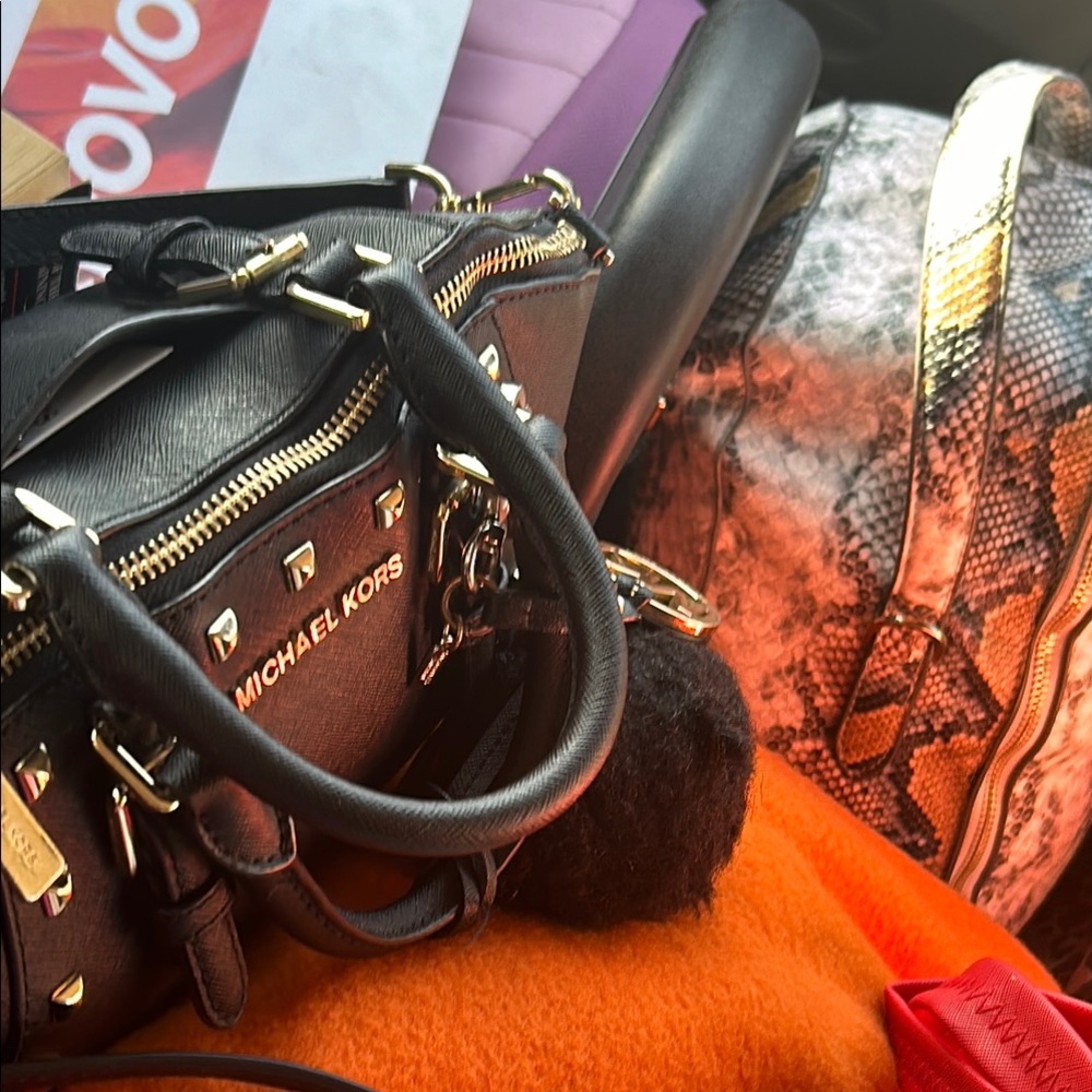 Michael Kors Black Leather Satchel with Metallic Hardware